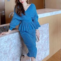 MONRSH Striped V-Neck Peplum Top With Skirt-picture-43