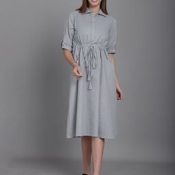 CORSICA Women Striped Shirt Collar A-Line Dress-image-99