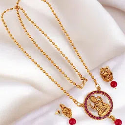 LUCKY JEWELLERY Gold-Plated Stone-Studded & Beaded Temple Jewellery Set-image-43