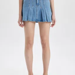DeFacto Mid Rise Pleated Pure Cotton Denim Mini Skirts-image-83