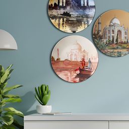 THE QUIRKY HOME 3-Pcs Beige & Blue Depicting The Taj Mahal Printed Ceramic Wall Plates-image-87