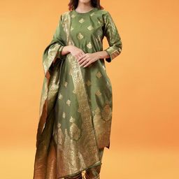 VredeVogel Women Ethnic Motifs Woven Design High Neck Jacquard Weave Cotton Silk Kurta Set-image-96