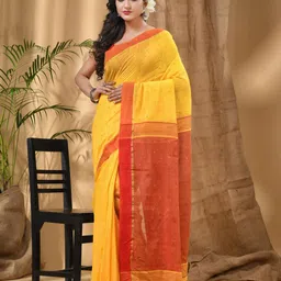 DESH BIDESH Women Yellow Woven Design Sequinned Handloom Taant Saree-0
