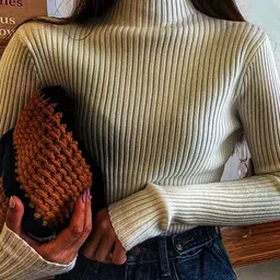 Alamode By Akanksha Women Beige Champel Statement Turtle Neck Sweater-picture-21