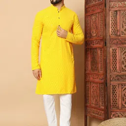 FoxDX Men Geometric Embroidered Flared Sleeves Thread Work Kurta-1