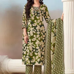 MOJILAA Floral Printed Square Neck Mirror Work Straight Kurta With Trousers & Dupatta-image-78