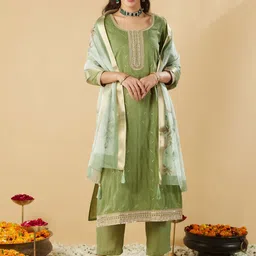 MOKOSH Floral Embroidered Sequinned Straight Kurta with Trouser & Dupatta-35
