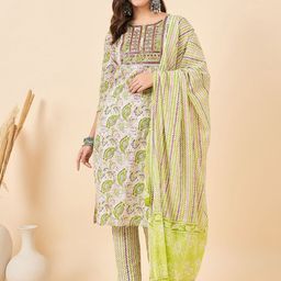 Anouk Women Paisley Printed Regular Mirror Work Pure Cotton Kurta with Trousers & With Dupatta-picture-31