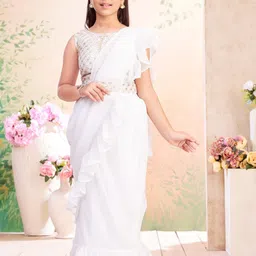 Sangria Girls Cream Sequin Embroidery Georgette Lehenga Saree With Attachable Dupatta-picture-17