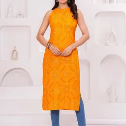 Meeranshi Floral Printed Halter Neck Sleeveless Straight Kurta-image-8