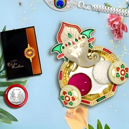 Rakhi Combo for Brother with Dish, Pooja Coin, Roli Chawal & Greeting Card-4