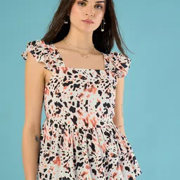 CORSICA Abstract Print Shoulder Straps Ruffled Sleeves Peplum Top-image-6
