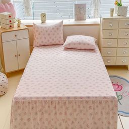 JC HOME Pink & Blue Floral 140 TC Fitted King Bedsheet With 2 Pillow Covers-picture-0