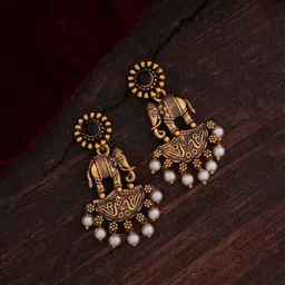 SHONA'S STYLE Brass-Plated Garnet & Pearls Beaded Elephant Shaped Antique Drop Earrings-15