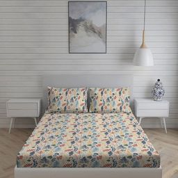 Living scapes by Pantaloons White & Blue Floral 210 TC Queen Bedsheet with 2 Pillow Covers-image-62