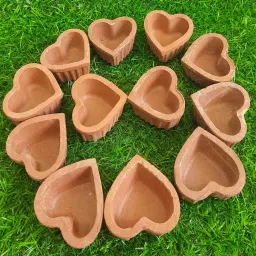 Handmade Terracotta Heart Shaped Clay Diyas|Mitti Diyas|Oil Lamps|Home Décor Earthenware, Terracotta (Pack of 36) Table Diya Set-image-3