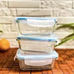 Rectangle Borosilicate Glass Bowl Lunch Box Tiffin Container with Air Tight Lid 3 Containers Lunch Box-image-16