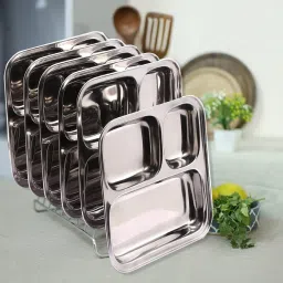 Pack of 6 Stainless Steel Pav Bhaji Plate for Restaurant Small Stainless Steel 3 in 1 Compartment Plate K1 Dinner Set-26