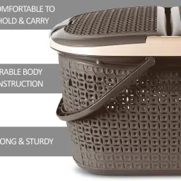 milton Polypropylene Pluto Picnic Basket with Two Side Opening Lid and with Handles, 1 Piece, Brown Storage Basket image 2