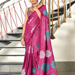 KALINI Floral Block Print Saree With Contrast Blouse Piece-7