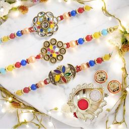 MEIRA JEWELLERY Set Of 3 Designer Beaded Rakhis With Greeting Card & Roli Chawal-15
