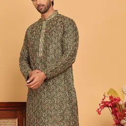 Anouk Olive Green Geometric Embroidered Mandarin Collar Silk Kurta-image-17