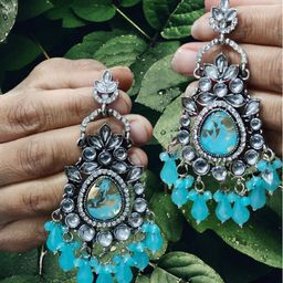 OPUS GEMS Artificial Stones Studded And Pearls Beaded Oval Shaped Drop Earrings-image-90