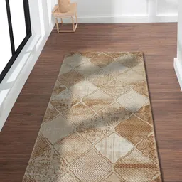 OBSESSIONS Beige & Brown Moroccan Rectangular Antistatic Non Slip Bedside Floor Runner-29