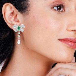 PRIVIU Silver-Plated American Diamond Studded Butterfly Shaped Drop Earrings-image-39