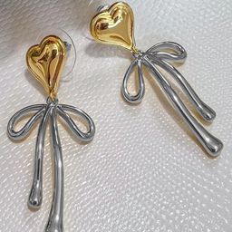 KRENOZ Gold-Plated Heart and Bow Shaped Dual-Tone Drop Earrings-image-94