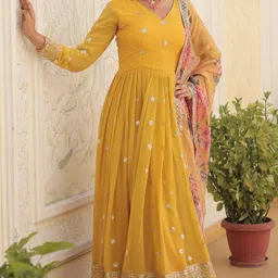 KALINI Women Embroidered V-Neck Ethnic Dress with Dupatta-image-88