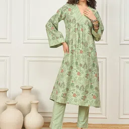 House of Pataudi Floral Printed V-Neck Flared Sleeves A-Line Kurta With Trouser-23
