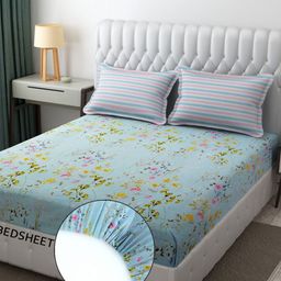 KIDS WONDERS Blue & Yellow Floral Microfiber 300 TC Fitted King Bedsheet Set-2.74mx2.74m-image-54