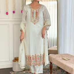 Moda Rapido Floral Embroidered Round Neck Chanderi Cotton Kurta With Trousers & Dupatta-image-36