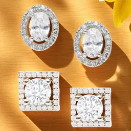 fabula Set of 2 Cubic Zirconia Studded Oval & Square Shaped Studs-14