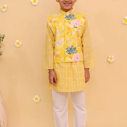 The Mom Store Boys Floral Printed Pure Cotton Mandarin Collar Straight Kurta With Pyjamas-picture-46