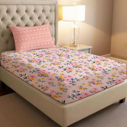 IVAZA Pink Floral 300 TC Single Bedsheet with 1 Pillow Cover-image-21