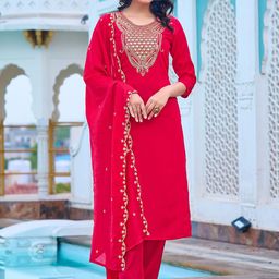 KALINI Women Floral Yoke Design Regular Sequinned Chanderi Silk Kurta with Trousers & With Dupatta-image-74