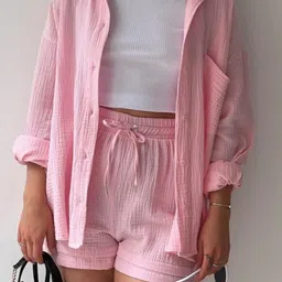 HERE&NOW Pink Long Sleeves Shirt With Shorts-picture-4