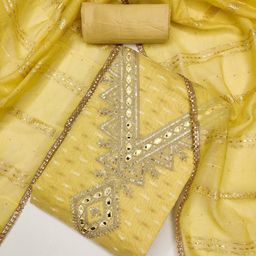 KALINI Yellow Chanderi Butti Silk Embroiderd & Coding Work Unstitched Dress Material image 2