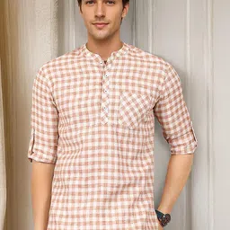 Anouk Checked Mandarin Collar Regular Pure Cotton Straight Kurta-picture-8