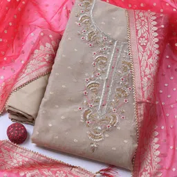 Meena Bazaar Floral Woven Design Thread Work Unstitched Dress Material-image-88