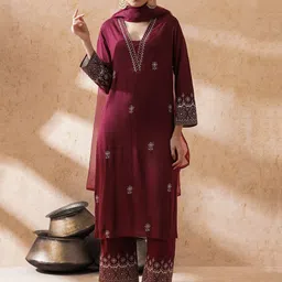 STYLEBAAZI Embroidered V-Neck Sequinned Pure Cotton Straight Kurta With Trouser & Dupatta-57