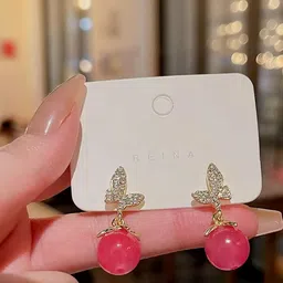 Nitant Pink Pearl Stones Studded Butterfly Korean Fashion Earrings-53