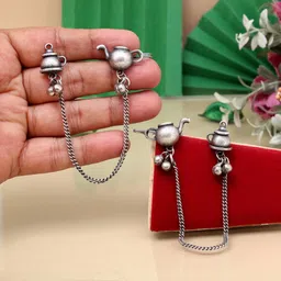 PREYANS Women Silver Oxidised Tea Pot Shaped Ear Cuff Earrings-image-69