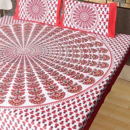 Aura White & Pink Ethnic Motifs Printed 144 TC Cotton Queen Bedsheet Set 2.10 m x 2.30 m-image-93