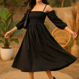 Blissence Women Off-Shoulder Bishop Sleeve Fit & Flare Smocked Maxi Dress-picture-47