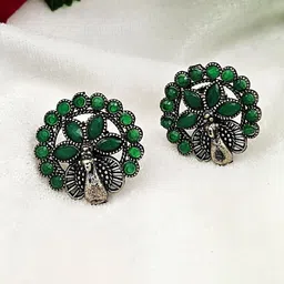 Yash Jewels Emporiums Silver-Plated Artificial Stones Studded Floral Shaped Oxidized Studs-image-28