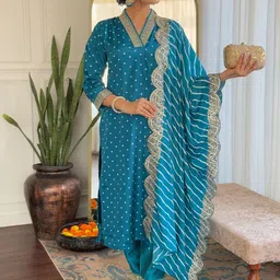 KALINI Ethnic Motifs Embroidered Straight Sequinned Kurta With Trouser & Dupatta-picture-9