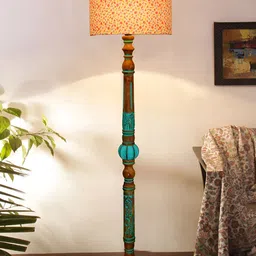 Devansh White & Blue Printed Cylinder Shaped Wooden Traditional Floor Lamp-image-88